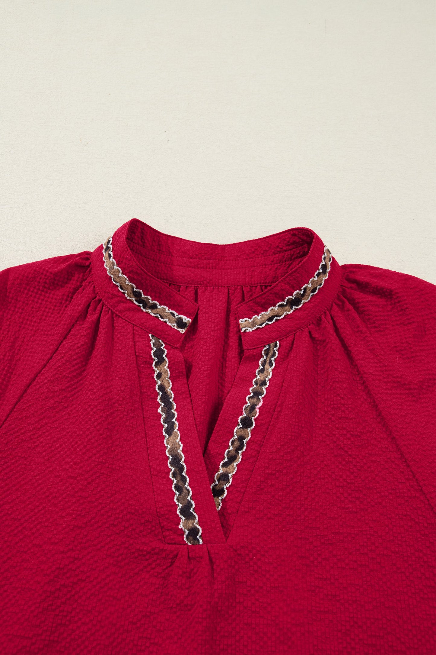 Racing Red Leopard Jacquard Print V Neck Textured Blouse