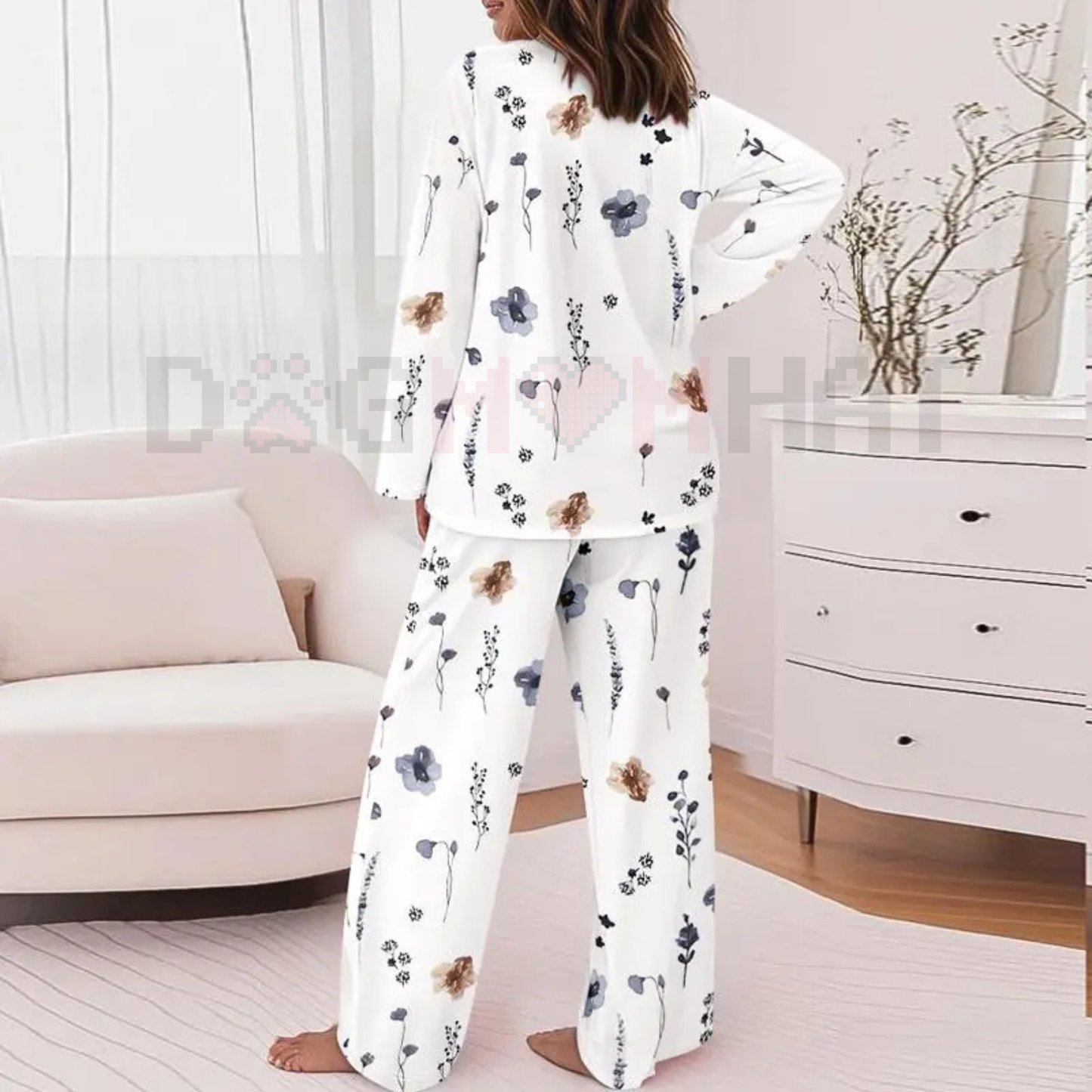 ChicMe Women's Floral Print Round Neck Long Sleeve Top and Casual Floral Pants Sets With Pockets