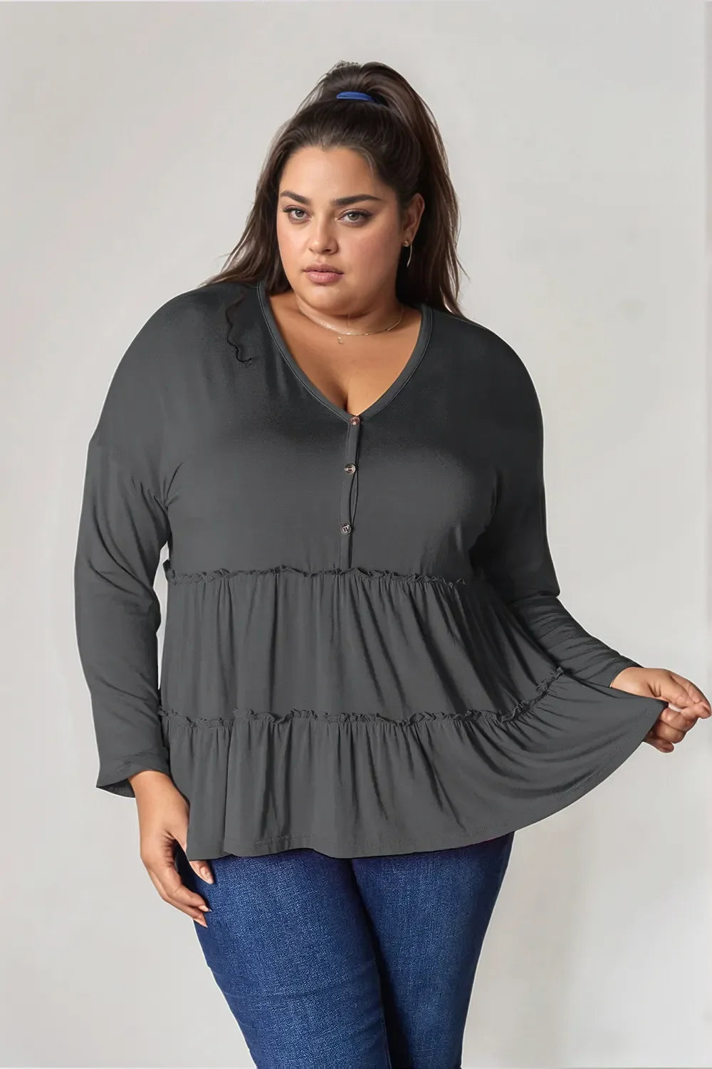 Double Take Half Button Long Sleeve Ruffle Hem Blouse
