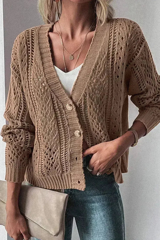 Dark Khaki Cardigan – Open Knit Drop Shoulder Sweater | Cotton-Acrylic Blend