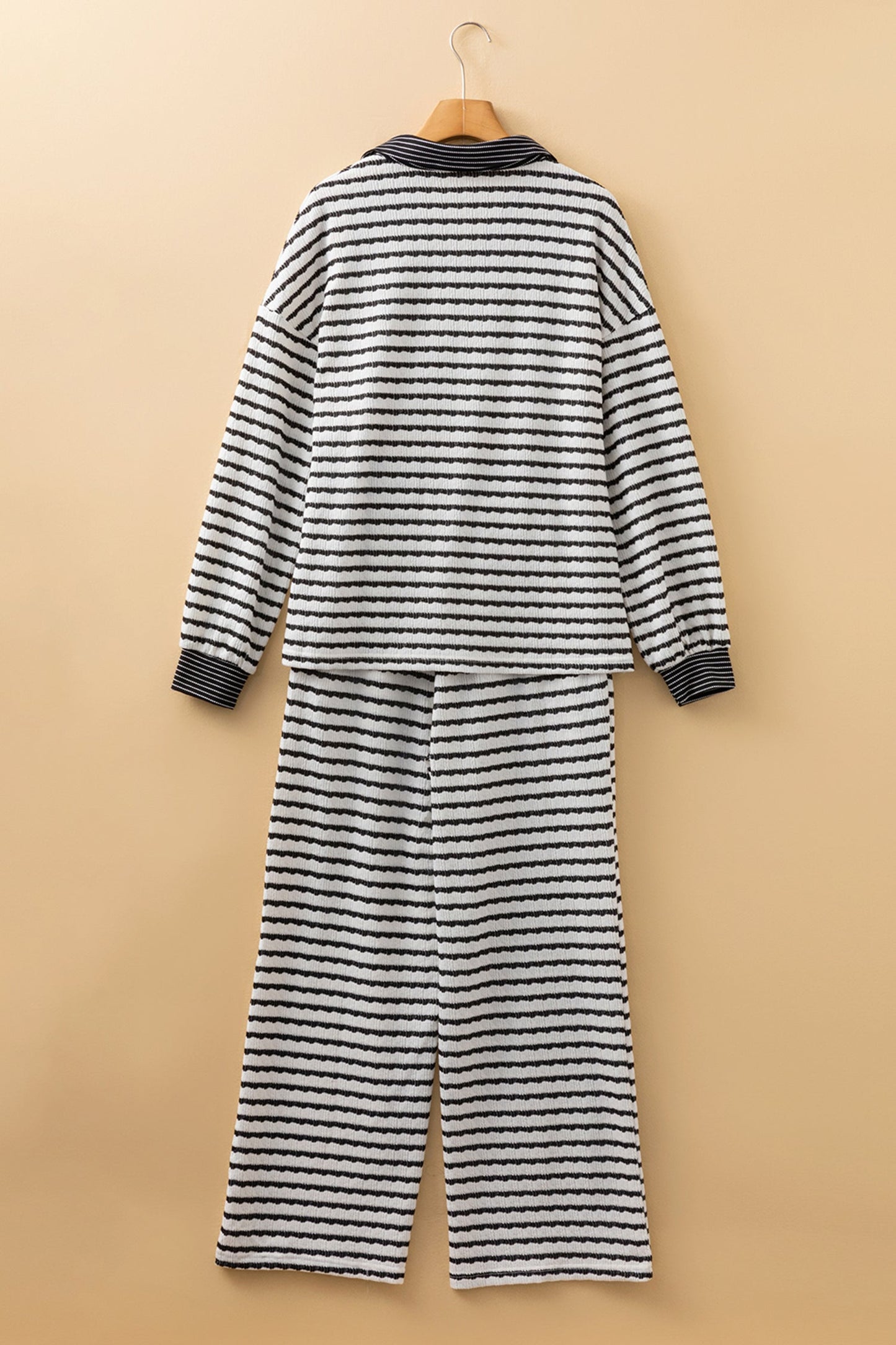 White Stripe Collared Pullover Top and Drawstring Pant Set