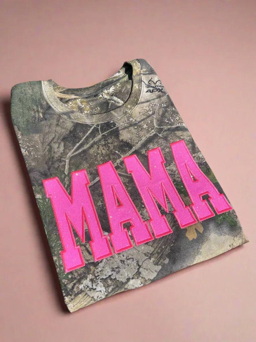 Neon Pink Mama Glitter Applique Embroidered Realtree Camo T-Shirt | Unisex Fit