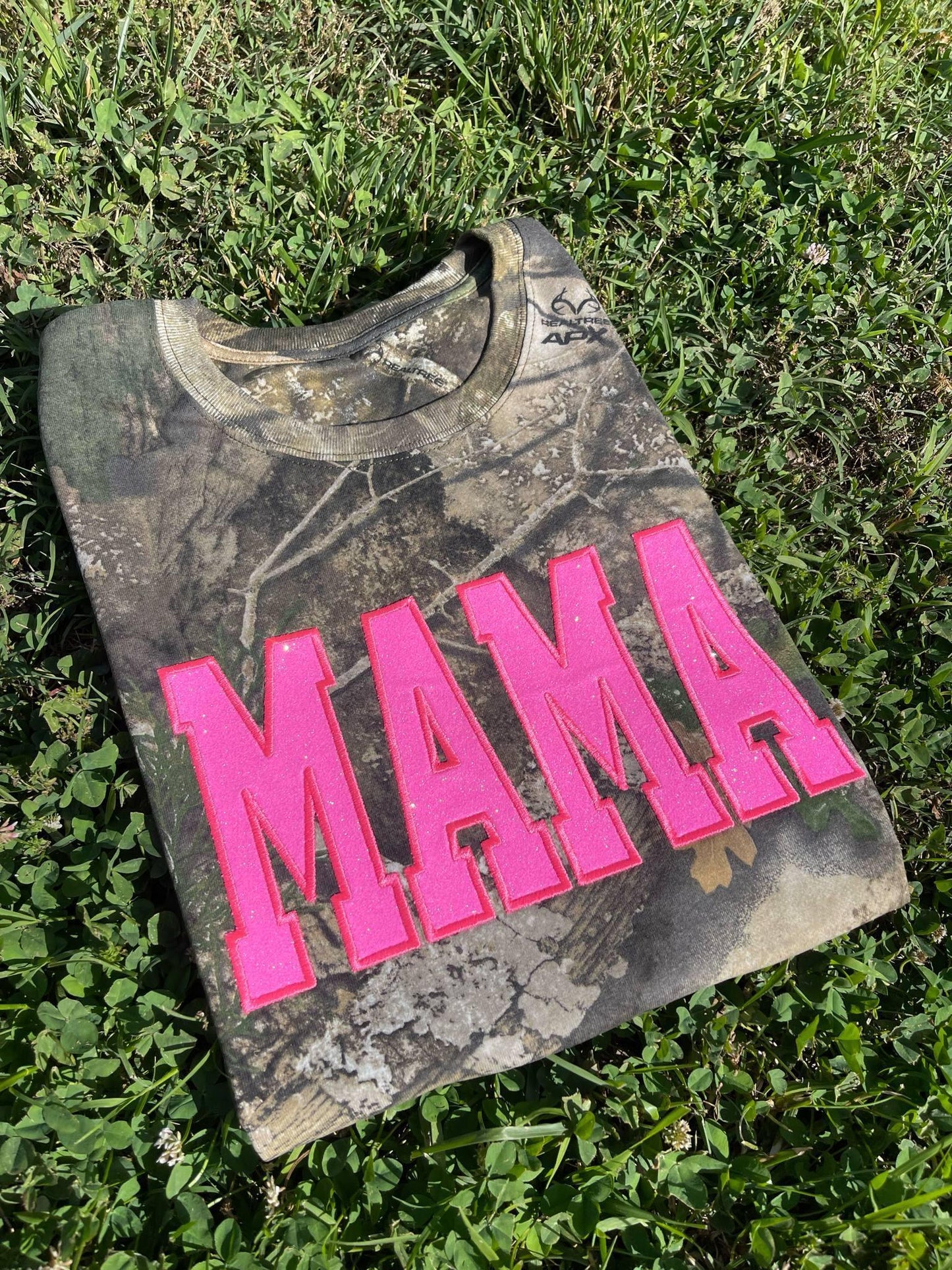 Neon Pink Mama Glitter Applique Embroidered Realtree Camo T-Shirt | Unisex Fit