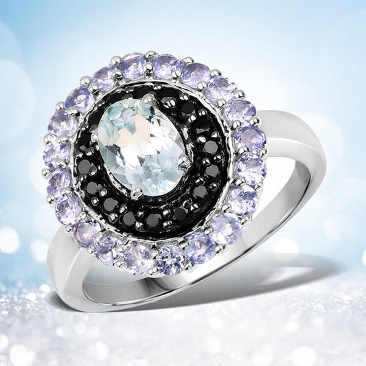 1.77 Carat Genuine Aquamarine, Black Spinel and Tanzanite .925 Sterling Silver Ring