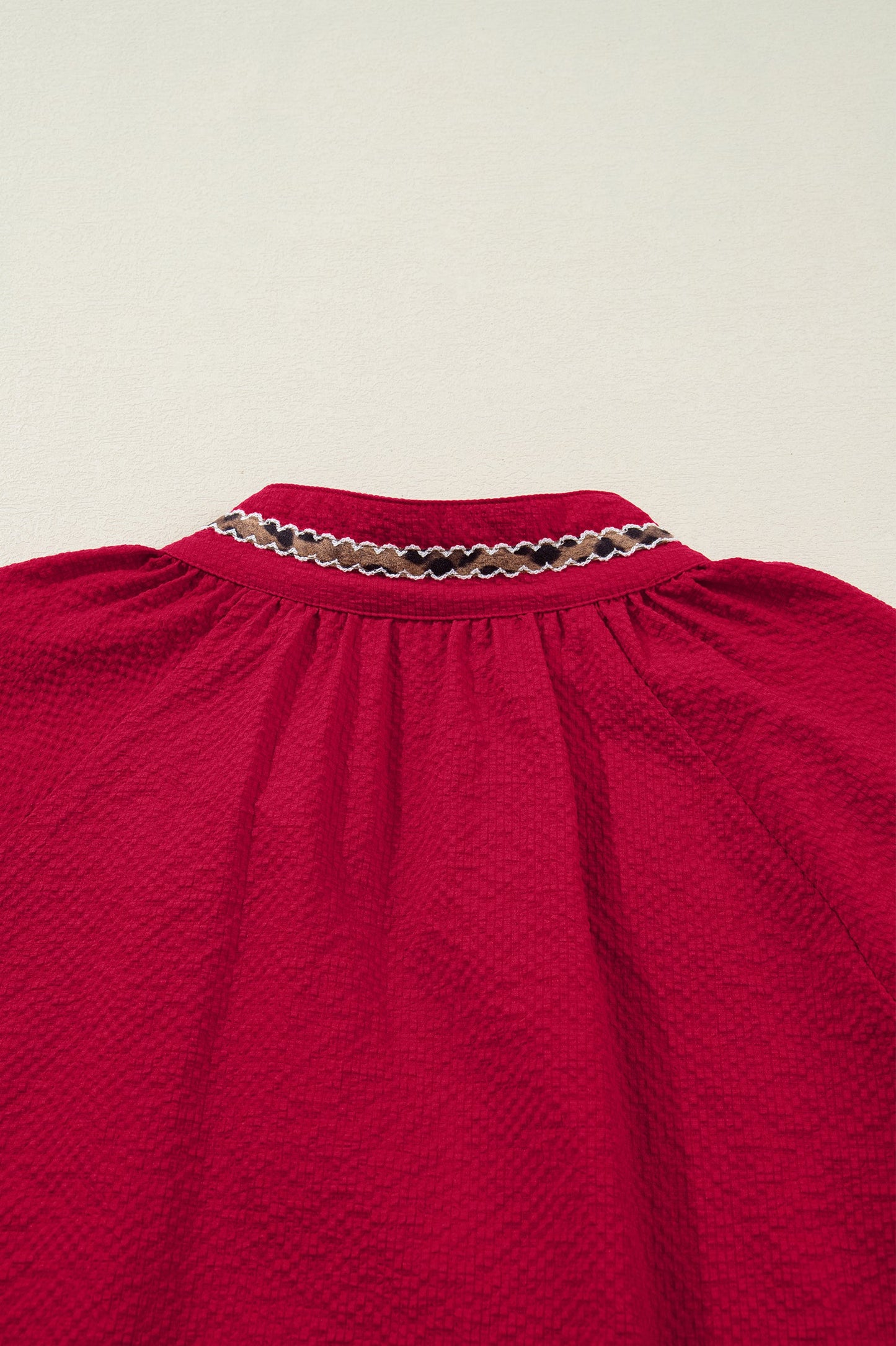 Racing Red Leopard Jacquard Print V Neck Textured Blouse