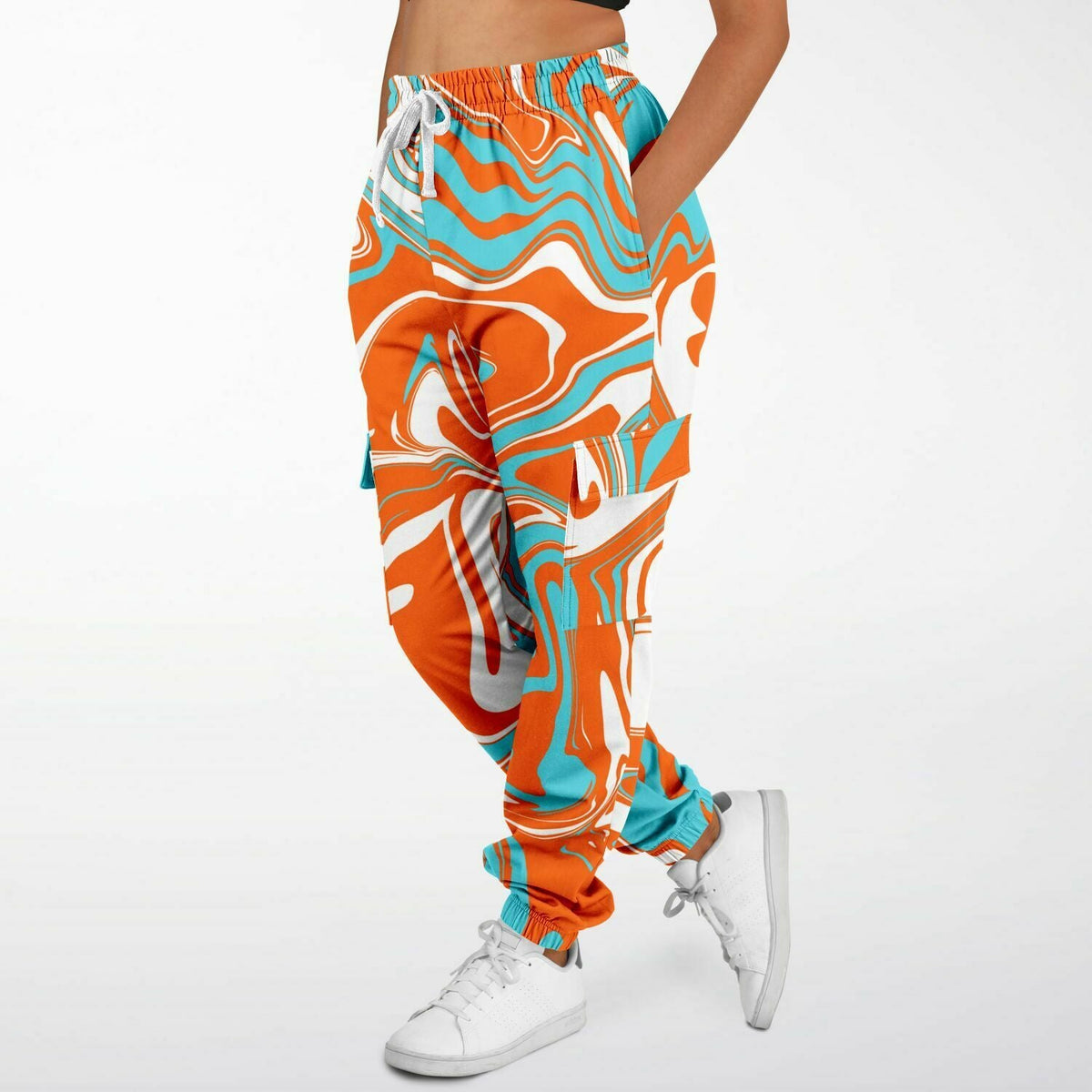 Orange Turquoise and White Oil Spill Unisex Cargo Joggers (Fleece Lined)