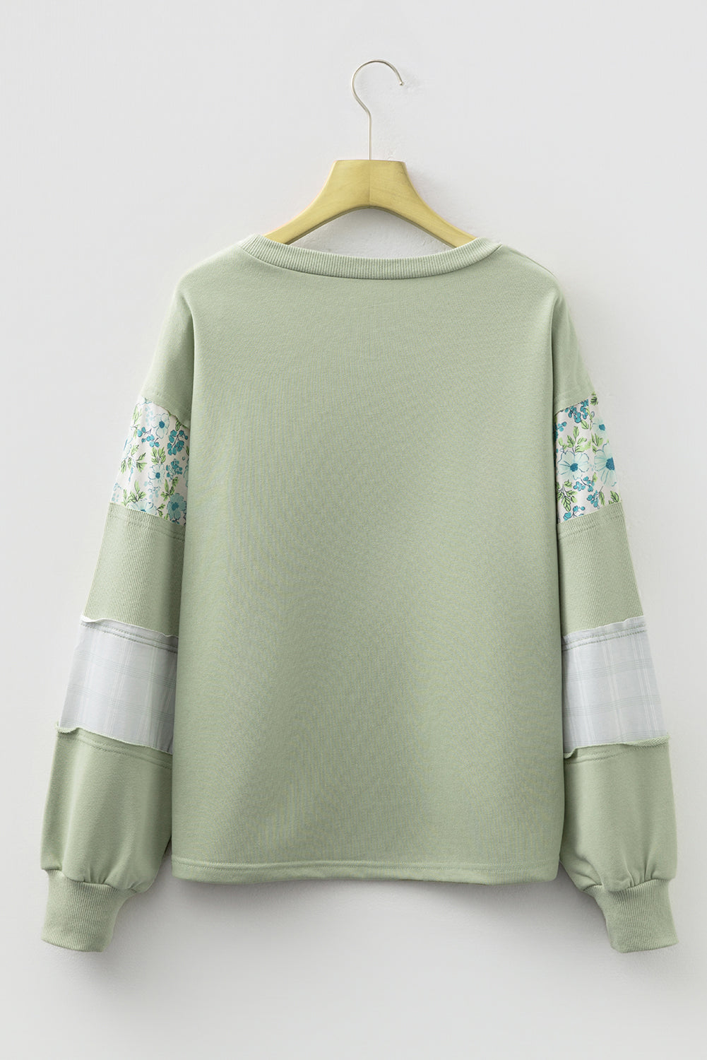 Laurel Green Floral Plaid Mixed Sleeve Raw Edge Relaxed French Terry Top