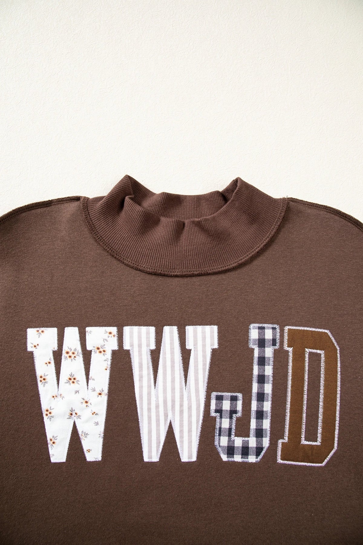 WWJD Embroidered Patchwork Mock Neck Sweatshirt