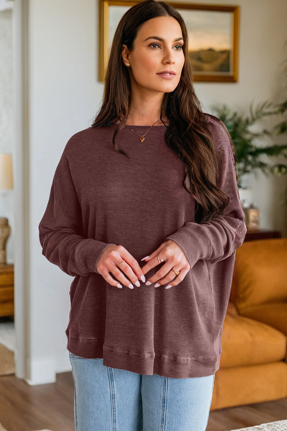 Dark Grey Waffle Knit Patchwork Long Sleeve Loose Top
