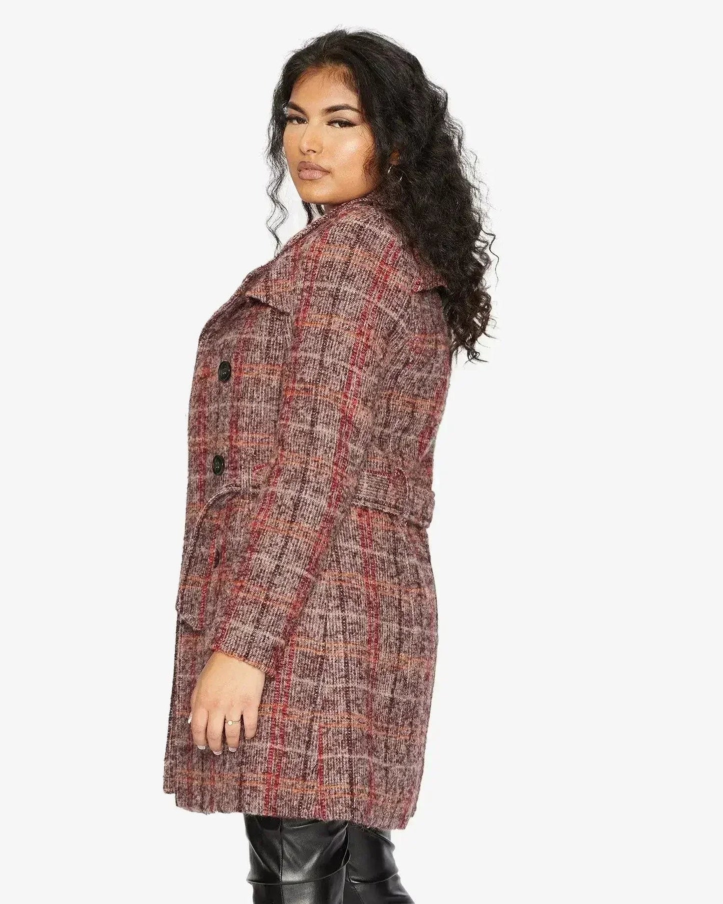 Wool Blend Check Double Breasted Military Coat