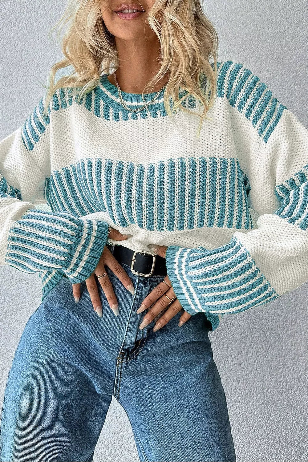 Two Tone Striped Patchwork Drop Shoulder Loose Sweater