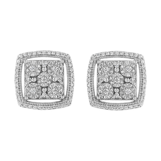 .925 Sterling Silver 3/8 Cttw Miracle Set Round Diamond Double Halo Cluster Earrings (I-J Color, I2-I3 Clarity)