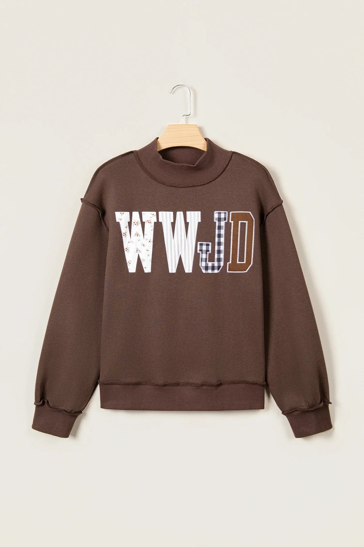 WWJD Embroidered Patchwork Mock Neck Sweatshirt