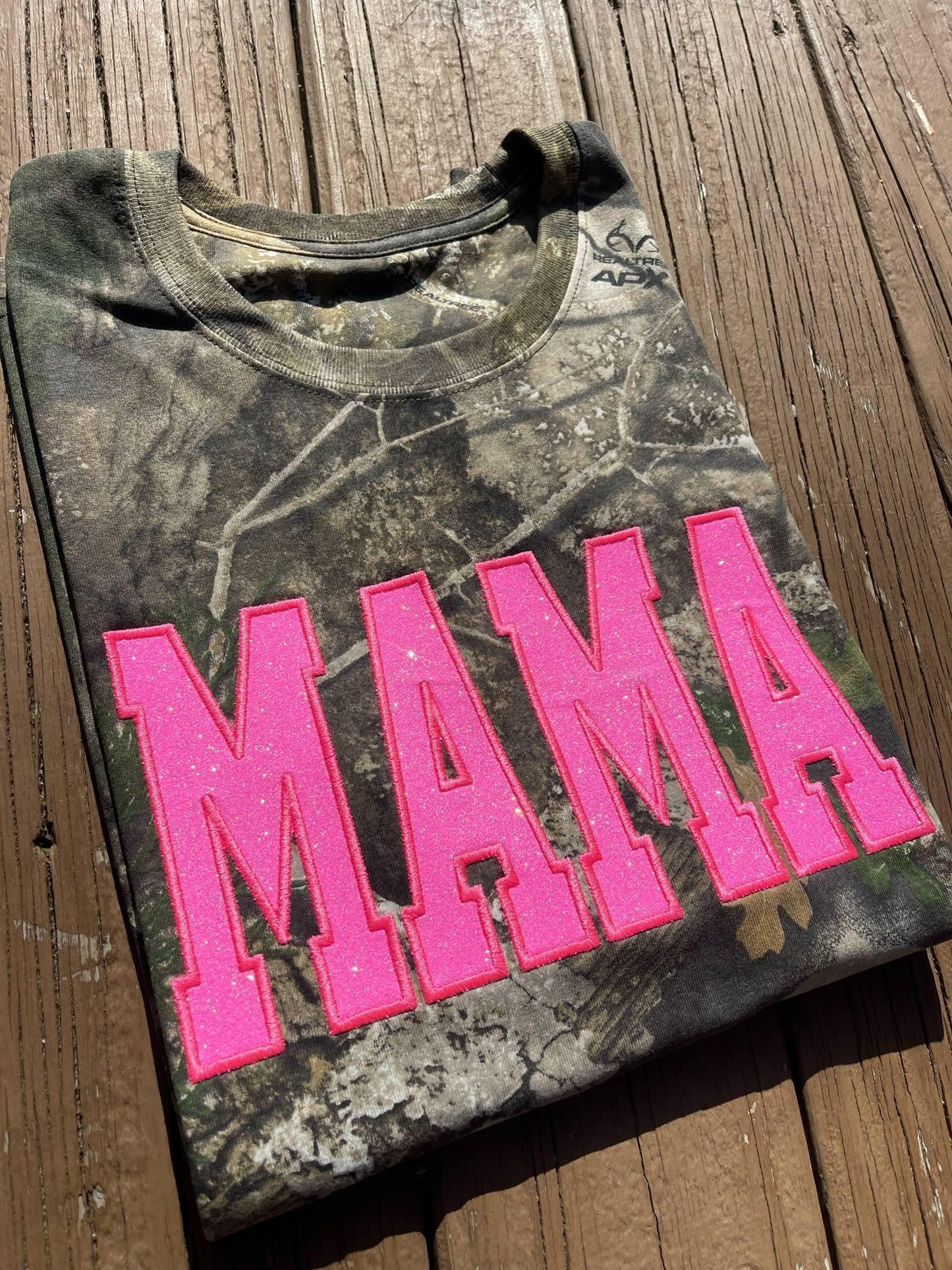 Neon Pink Mama Glitter Applique Embroidered Realtree Camo T-Shirt | Unisex Fit