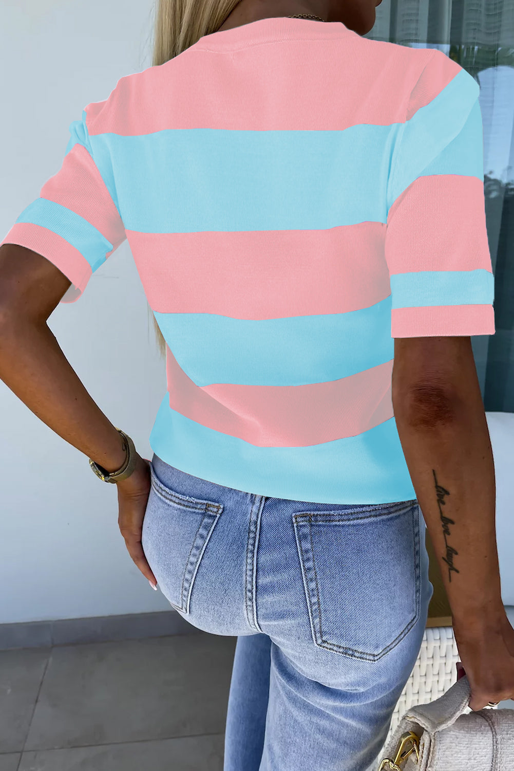 Black Stripe Colorblock Striped Knitted T shirt