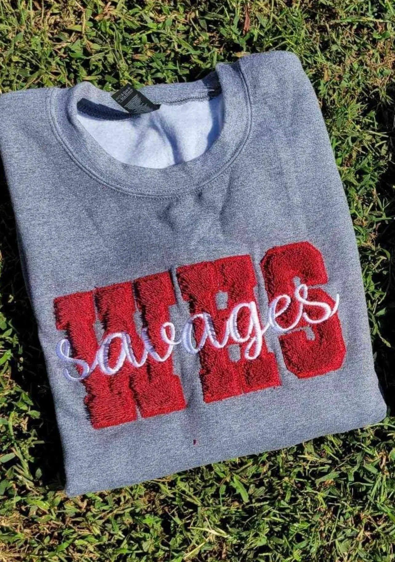 Custom Mascot Faux Chenille Applique Embroidered Unisex Short Sleeve/Sweatshirt
