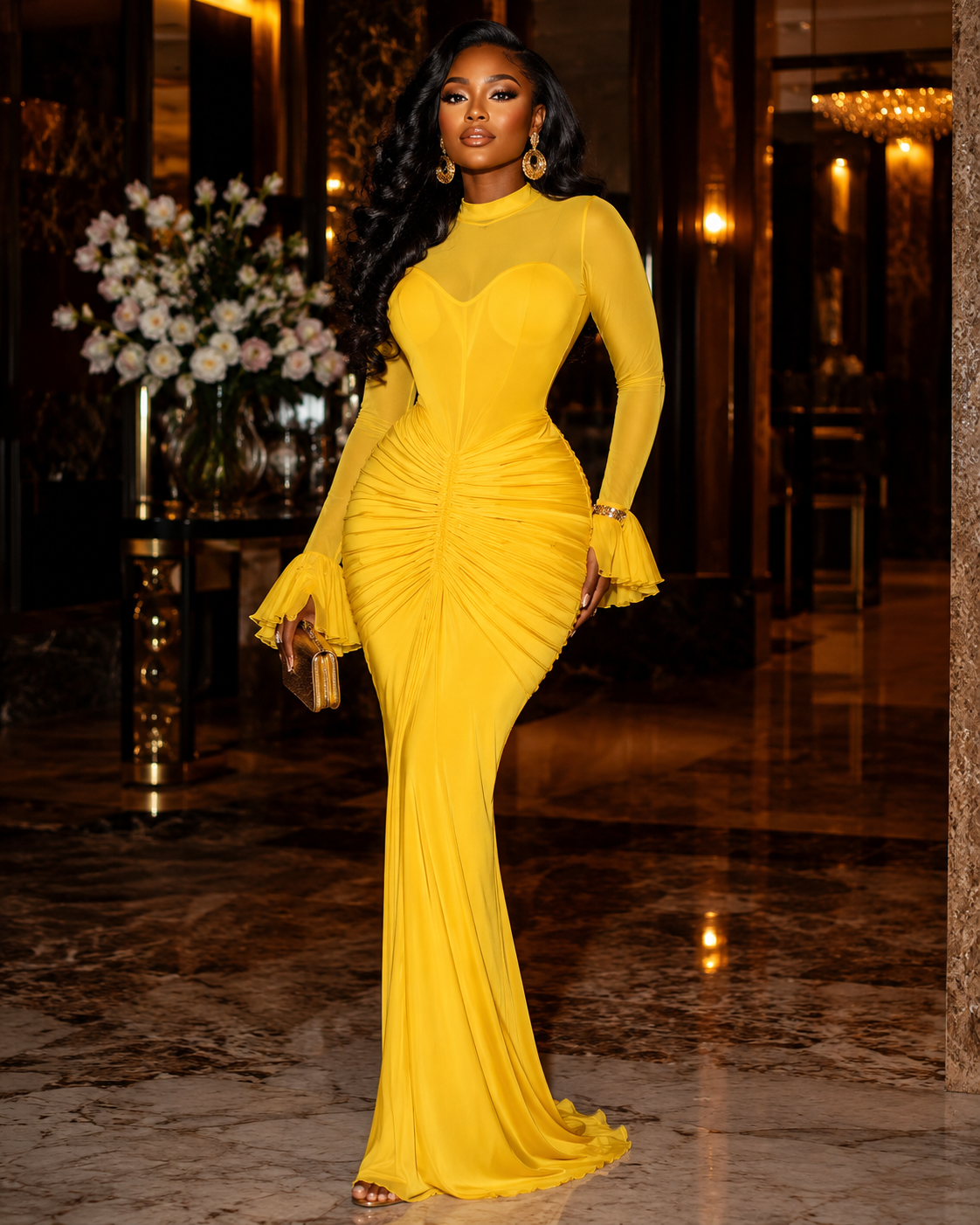Sculpted Ruched Long Sleeve Mermaid Maxi Dress