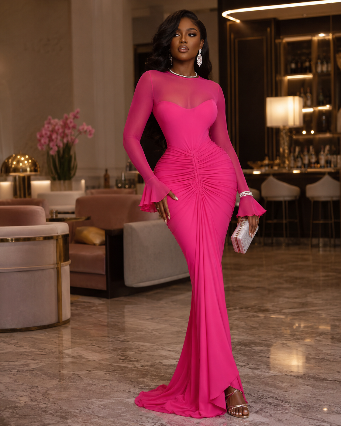 Sculpted Ruched Long Sleeve Mermaid Maxi Dress