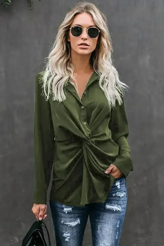 Classic Styles Green Button Down Twist Blouse | Femstylo