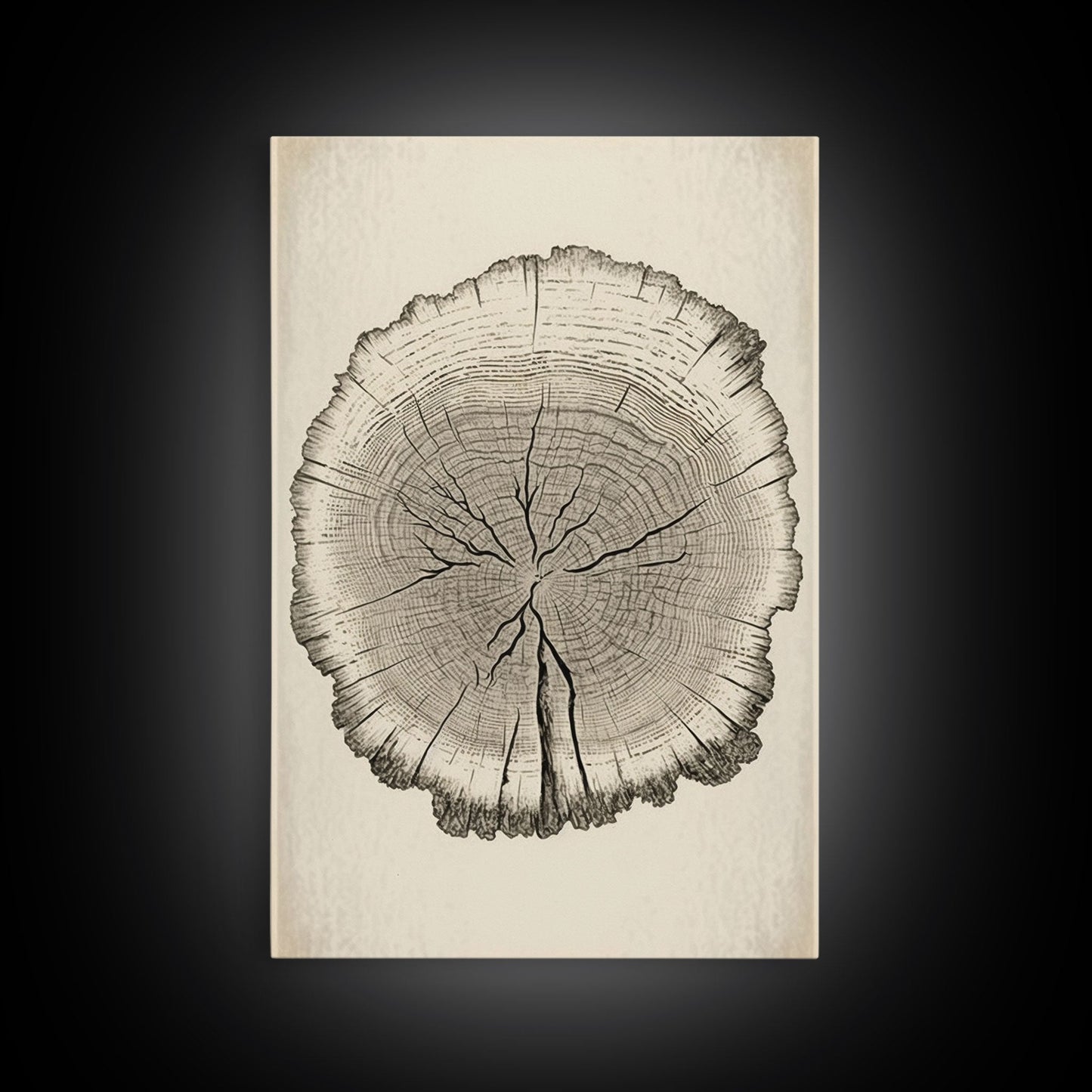 Framed Wall Art Canvas Print, Tree Cross Section, Tree Rings, Rustic Art, Farmhouse Decor, Oak Wood Tree Rings, Illustration, Gift For Him