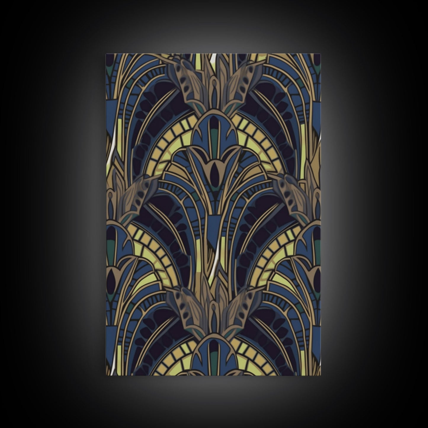 Midcentury Modern Wall art - Framed Canvas Print - Art Deco - Blue colors - Stained glass art - Patterns art - Mosaic art - Living room art