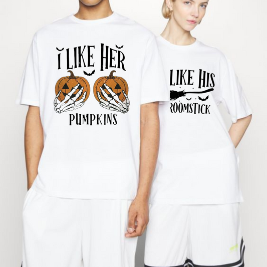 Couple Halloween Shirt – "I Like Her Pumpkins" & "I Like His Broomstick", Matching Funny Halloween T-Shirt