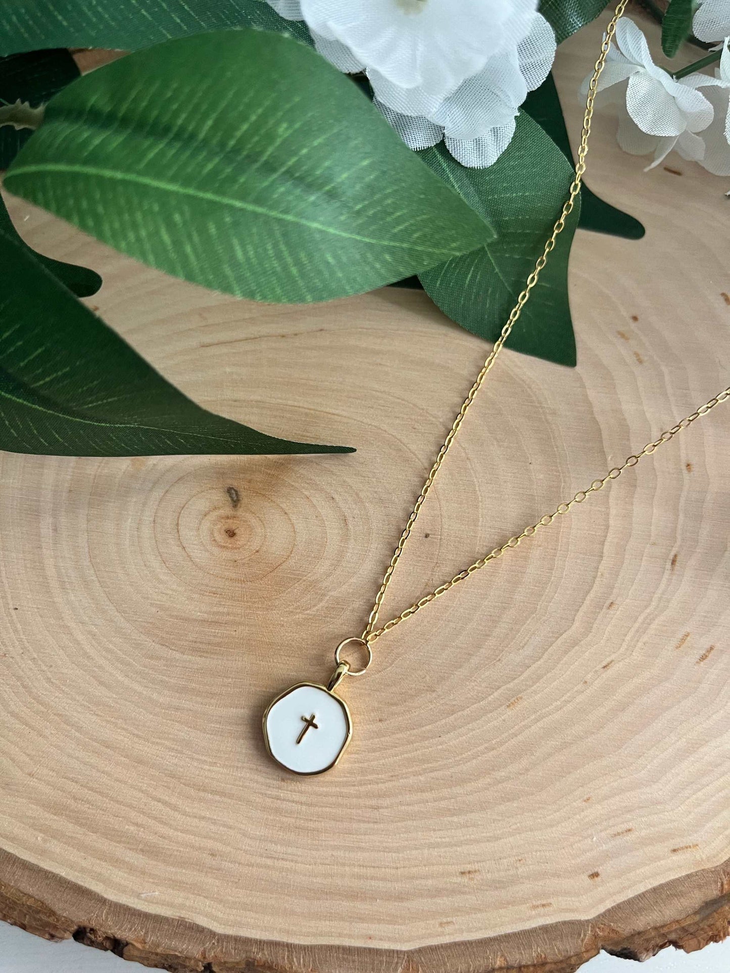 Gold Necklace 18K White Cross Pendant