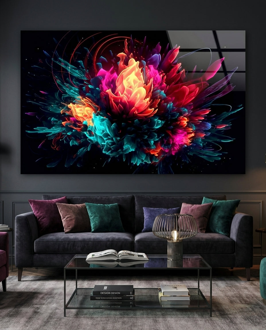 Neon Bloom Color Explosion On Black Glass Wall Art