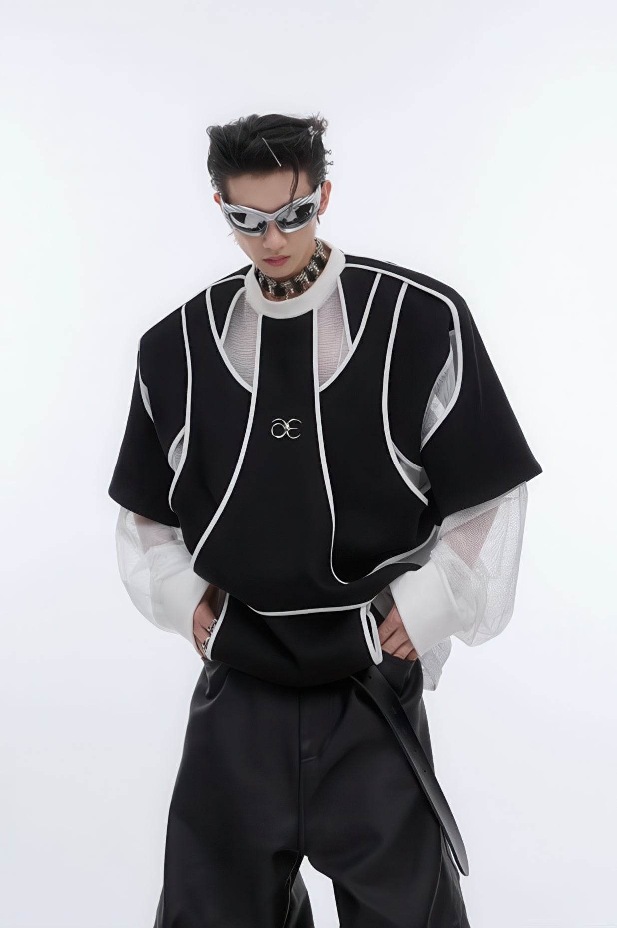 Deconstructed Split Hoodie - Heavyweight Metal Trim with Shoulder Pads