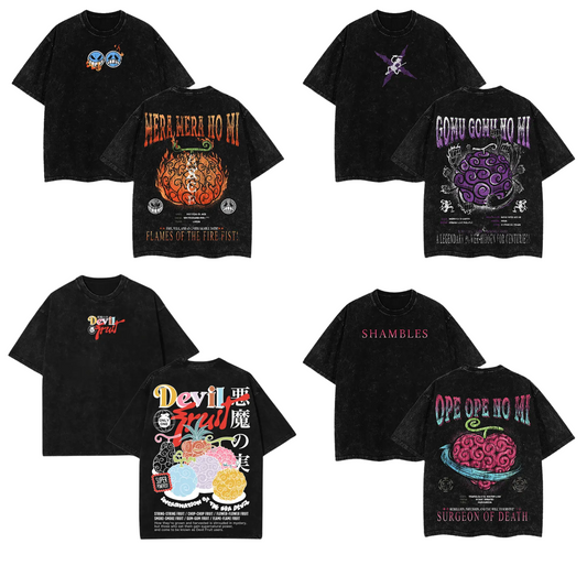 Devil Fruit One Piece Washed Tee Collection – Oversized Anime Graphic Shirt