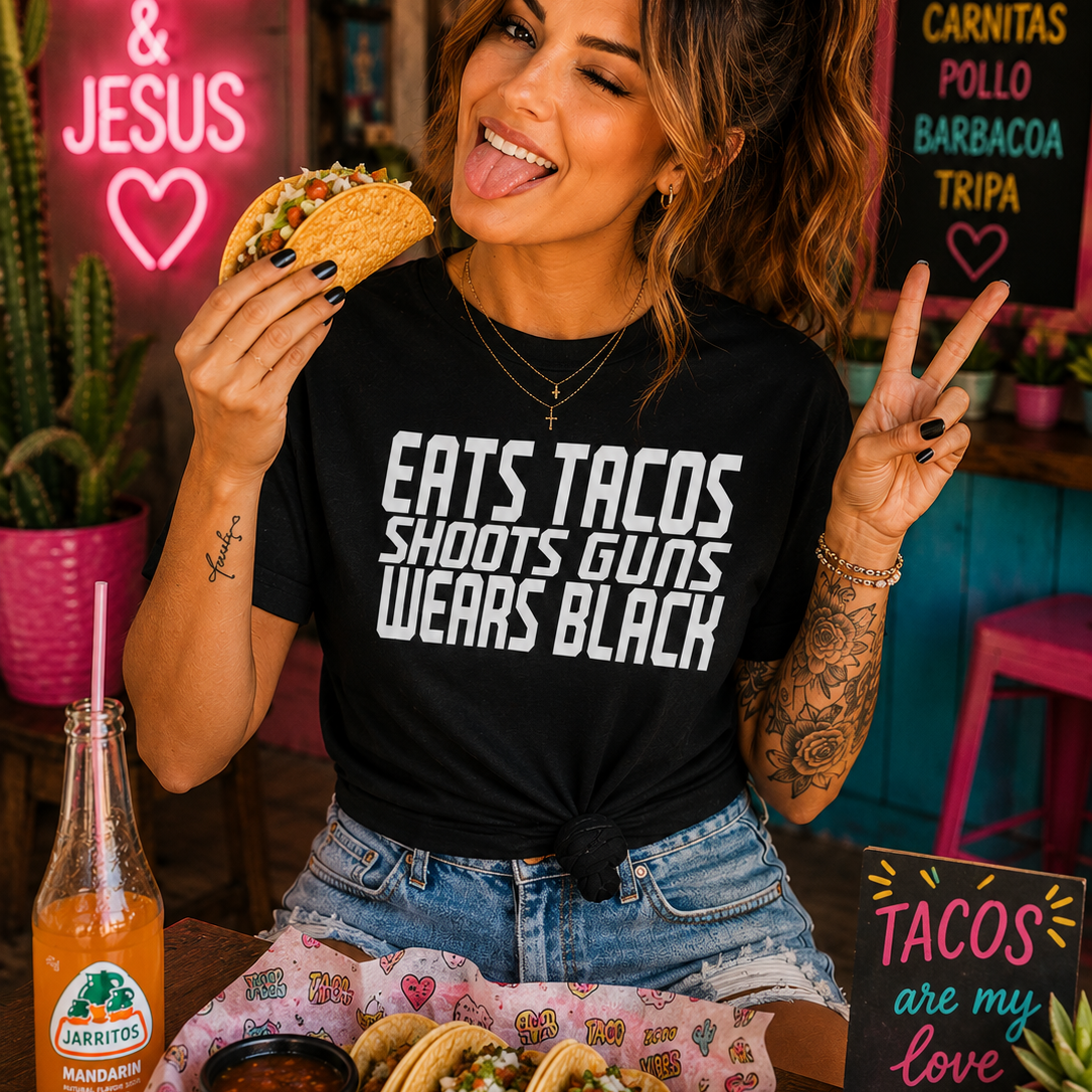 EATS TACOS WEARS BLACK Tee