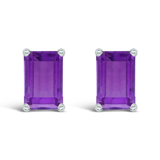 14K White Gold 6x4MM Emerald Shaped Amethyst Solitaire Stud Earrings