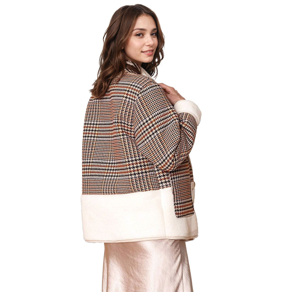 Women's Plaid Fur Jacket in Rust Houndstooth