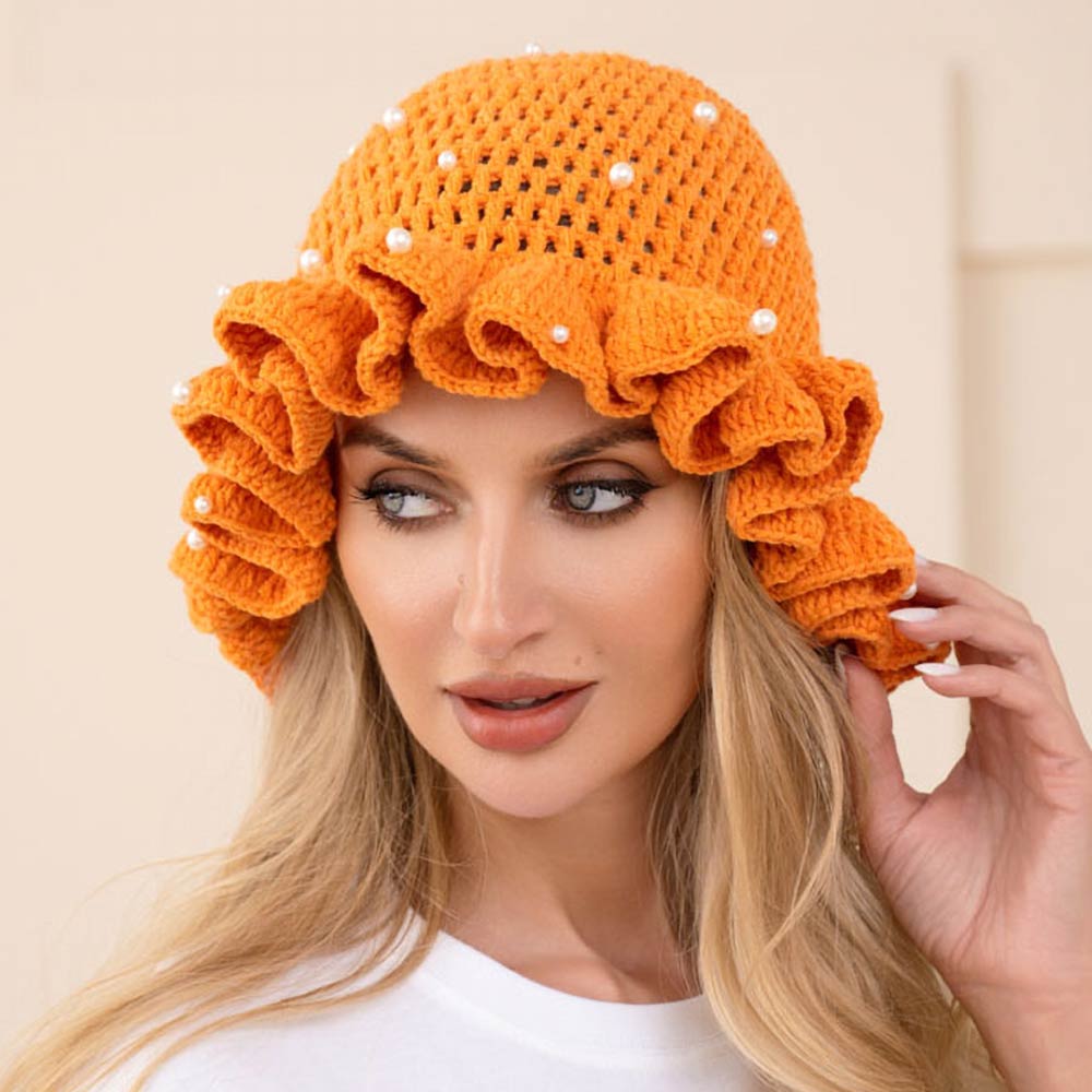 Women's Pearl Embellished Chunky Crochet Bucket Hat