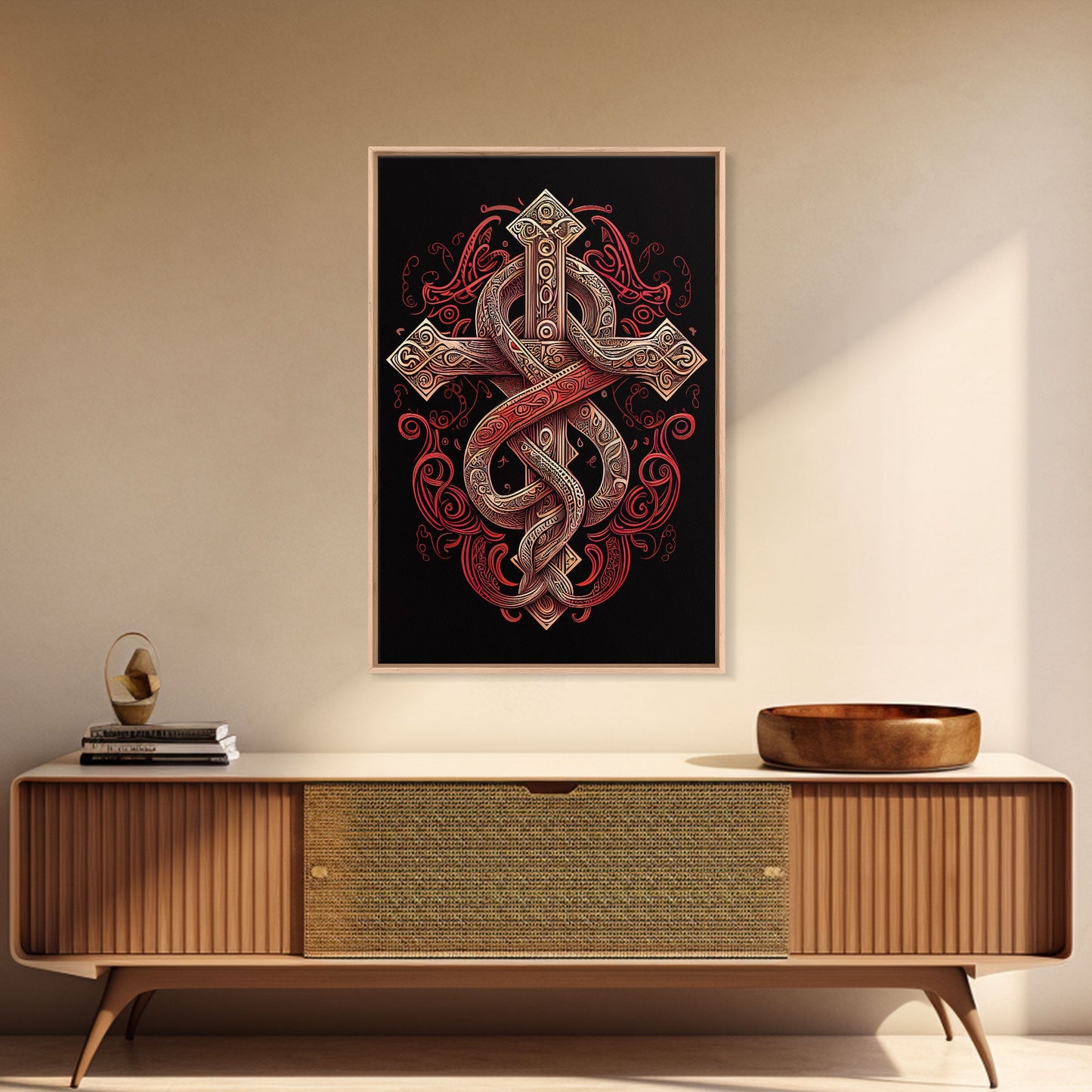 Cool Cross Art | Wall Art | Gothic Cross | Framed Canvas Print | Framed Art | Red and White Cross & Snake