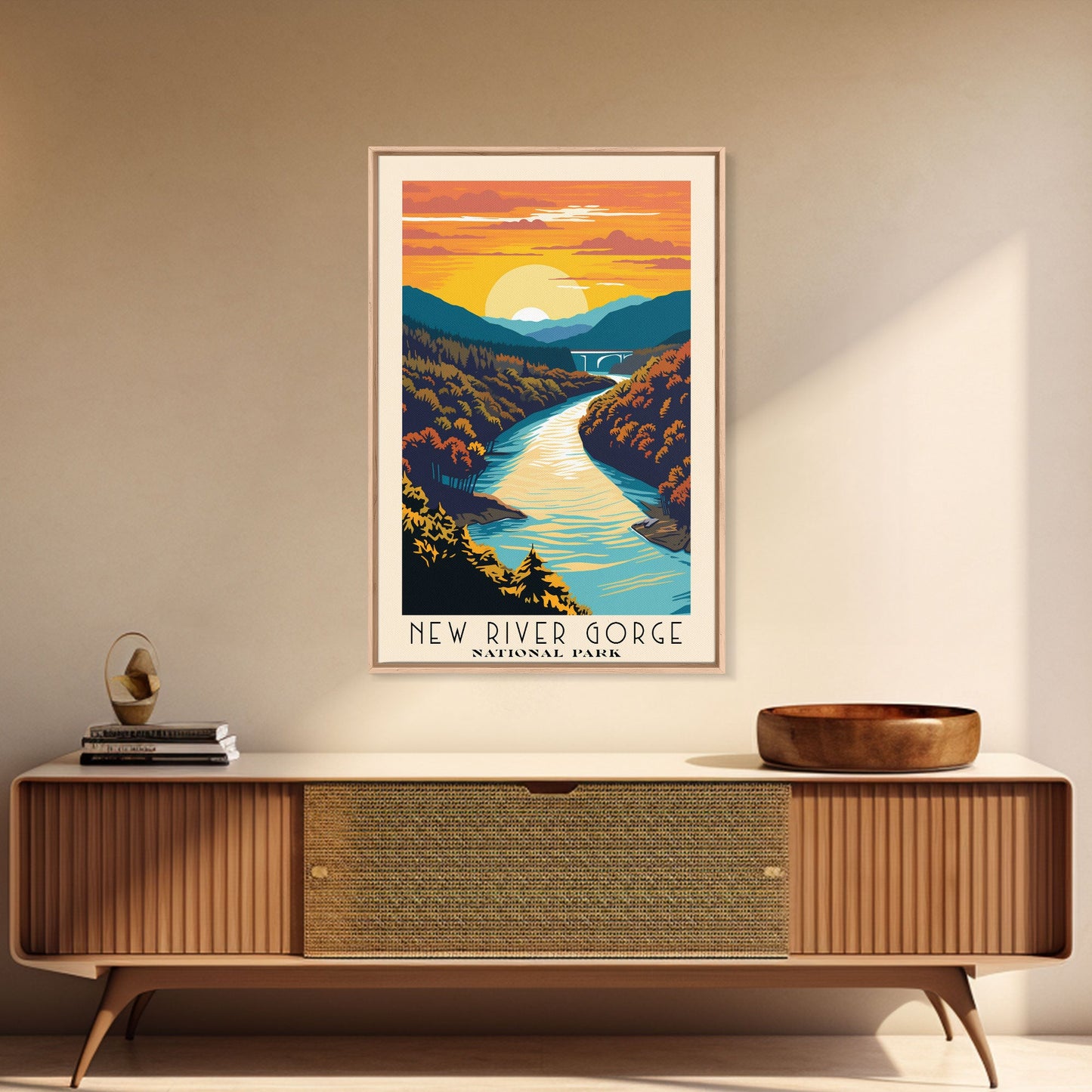 New River Gorge National Park Travel Art, National Park Print, Minimalist Travel Art, Midcentury Modern Style Landscape Painting