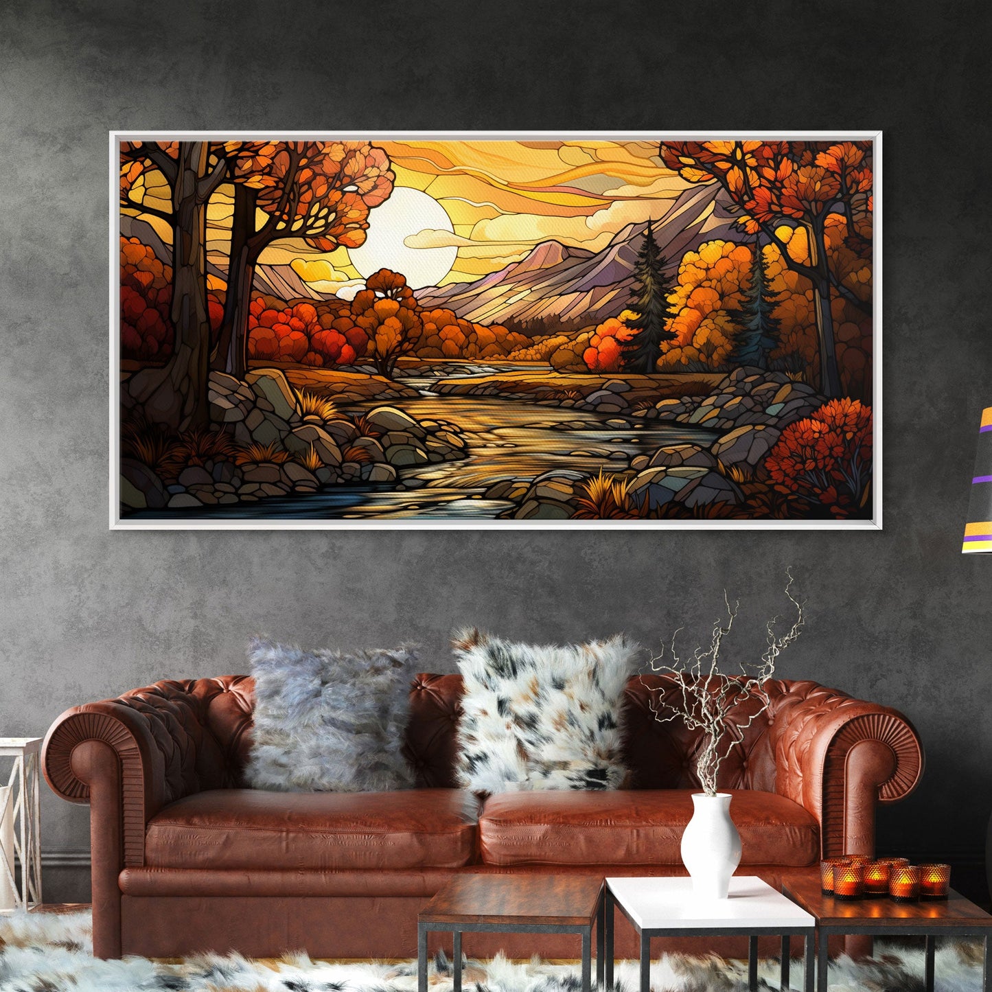 Stained Glass Style Wall Art Canvas Print Fall, Framed Wall Art, Seasonal Decor, Fall Seasonal Art, Fall Centerpiece Decor, Fall Wall Decor