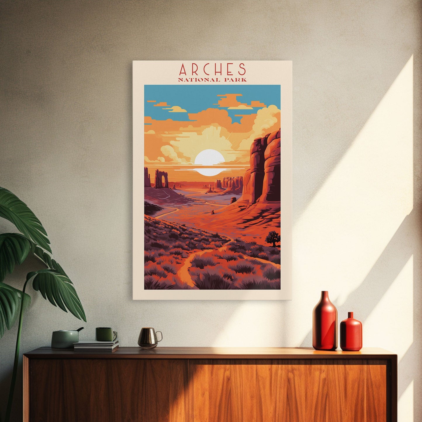Arches National Park, Framed Wall Art Canvas Print, Travel Poster, Utah Travel Art, Roadtrip Decor, Cool Wall Art, Retro State Park Art