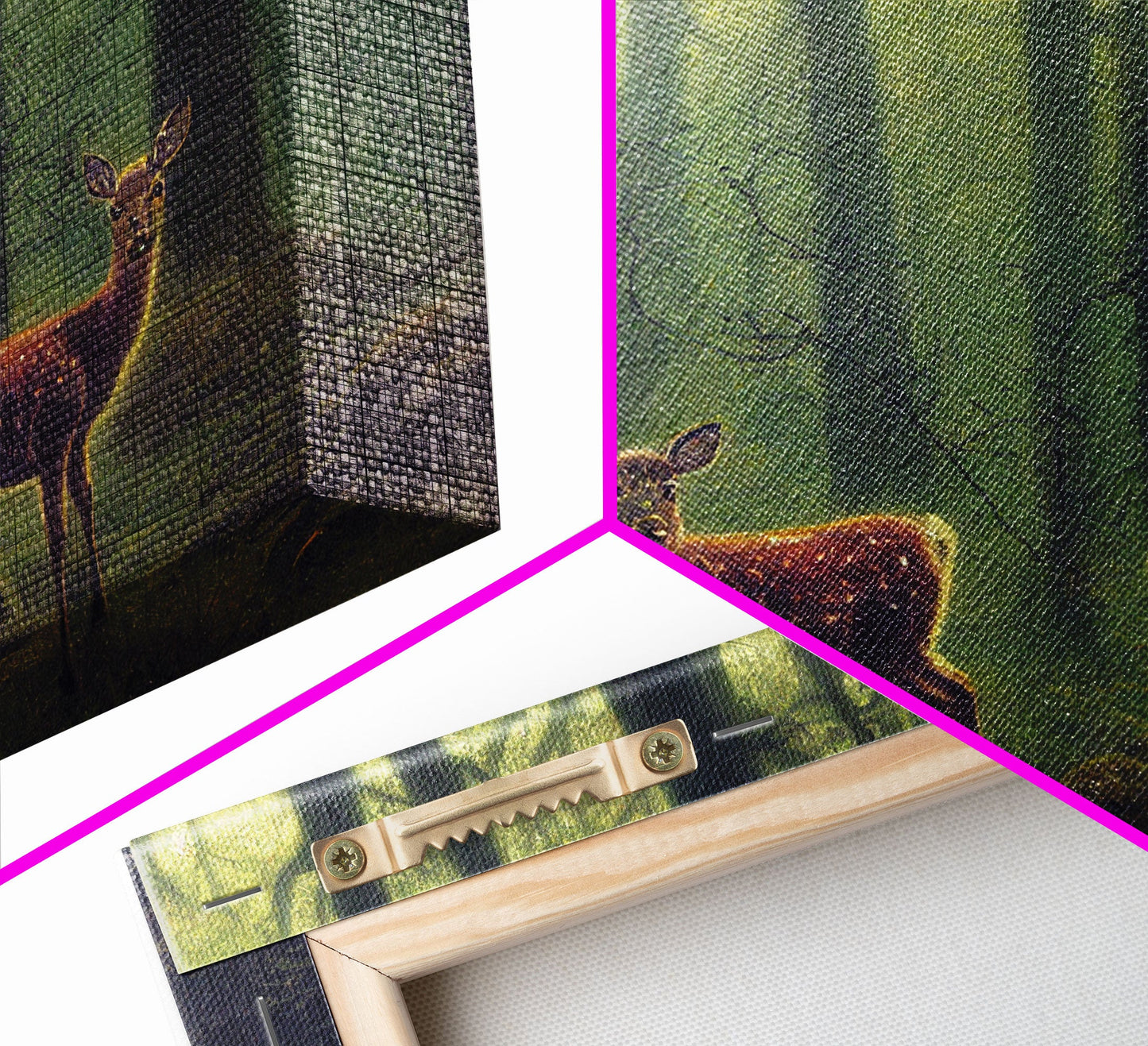 Does in a majestic forest, whitetail deer art, framed canvas print, ready to hang framed wall art