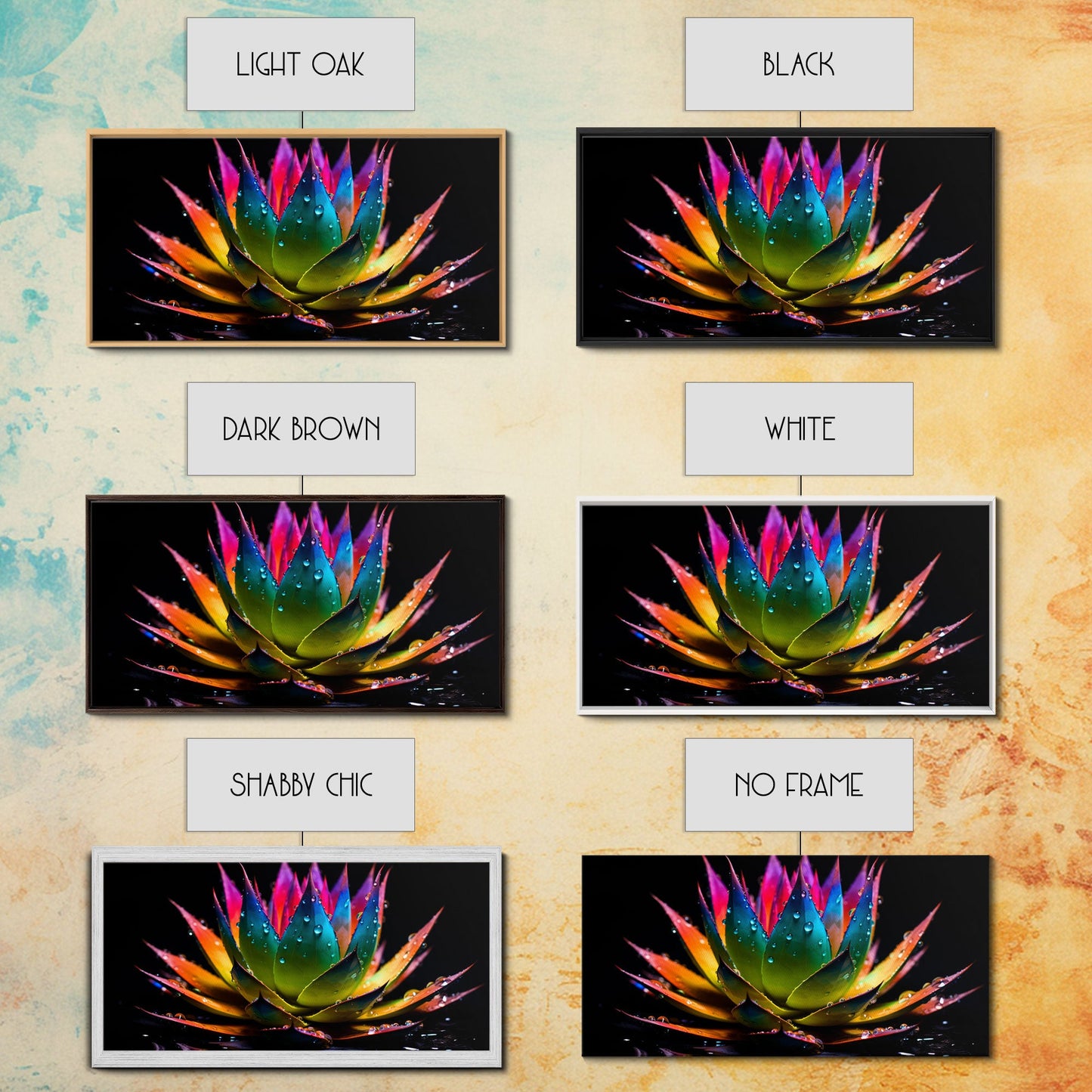 Rainbow Agave With Dew Drops, Modern Art, Framed Canvas Print,  Surreal Art, Southwestern Decor, Farmhouse Art, Desert Themed Art