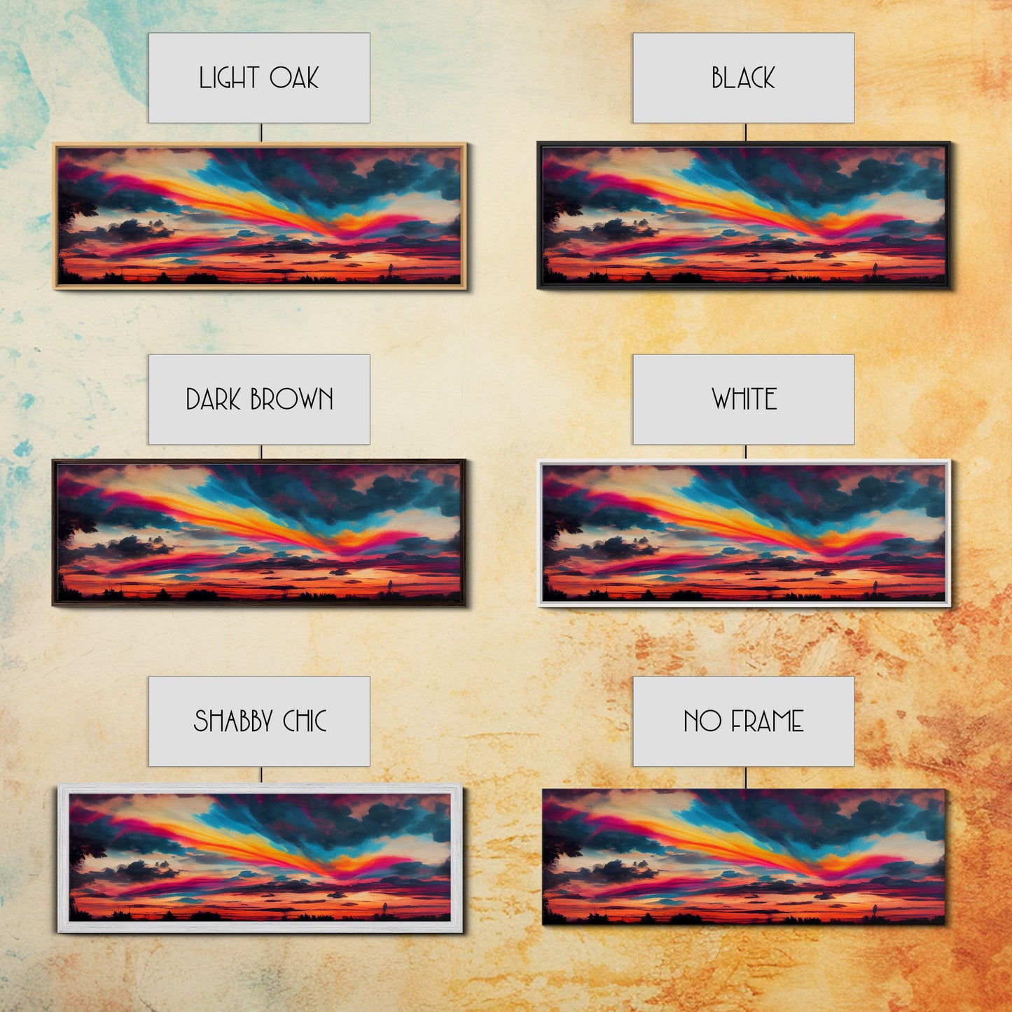 Beautiful Panoramic Watercolor Sunset, Extra Large Wall Art, Framed Panoramic Canvas Print, Framed Wall Art