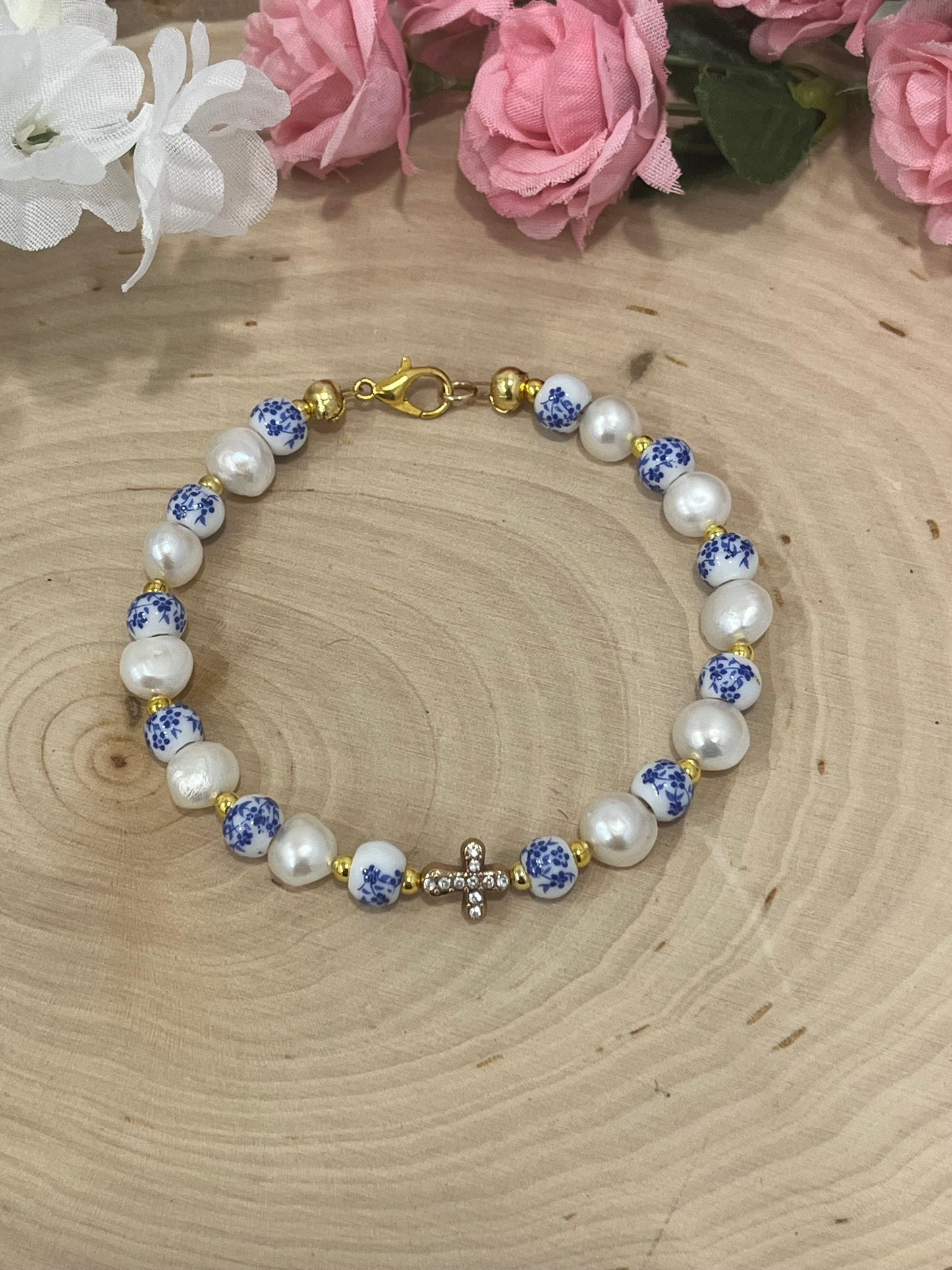 Floral Pearl Cross Bracelet – Christian Jewelry for Women