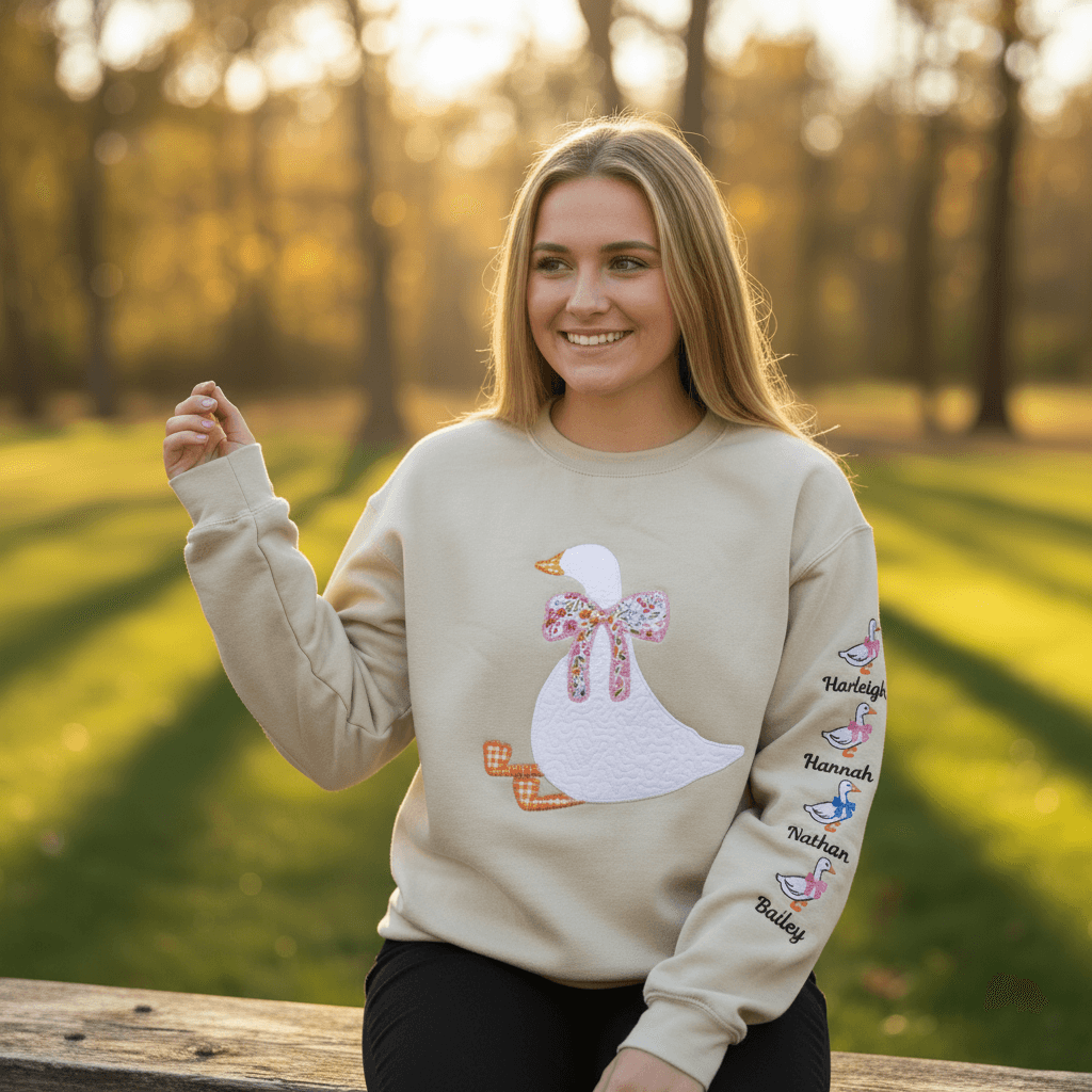 Silly Goose Quilted Applique Embroidered Mama Shirt | Customizable Sleeve with Names