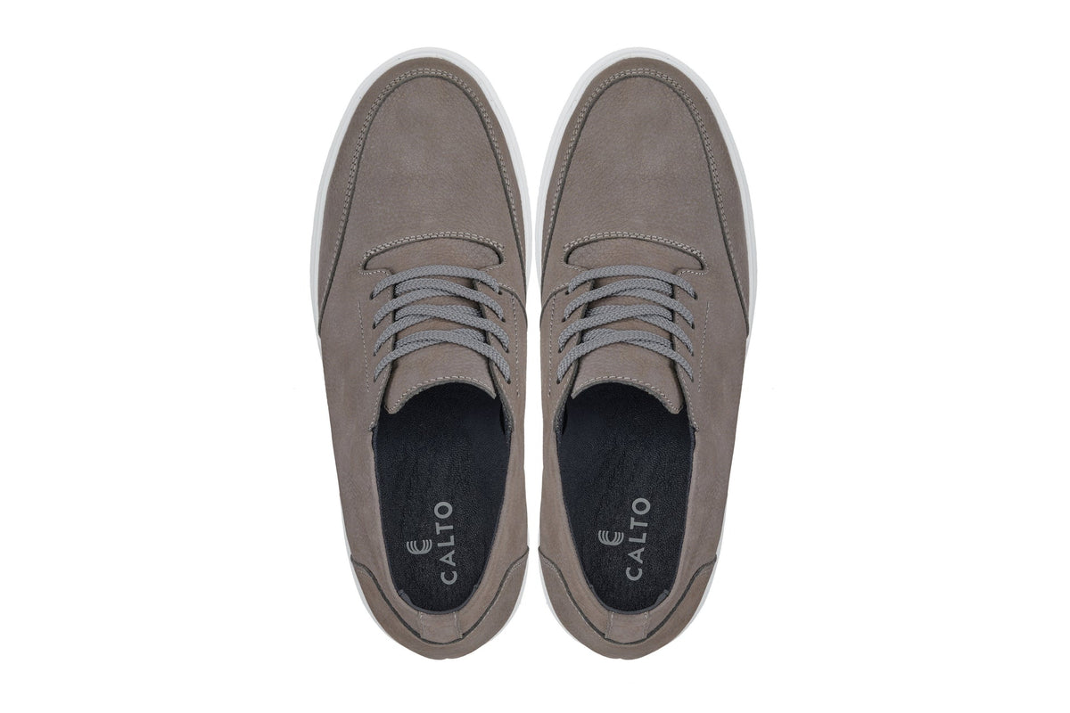 CALTO - J1771  - 3.2 Inches Taller (Grey) - Casual Chunky Sole Boots – Soft Pebble Grain Nubuck Leather