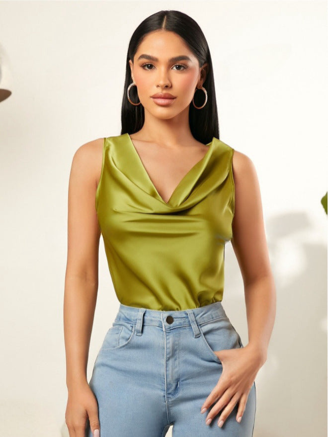 Summer Satin Pile Collar Solid Color Sleeveless Vest Women Sleeveless Blouse