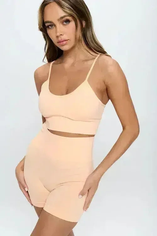 2-Piece Seamless Sleeveless Crop Top & Biker Shorts Set – High-Stretch