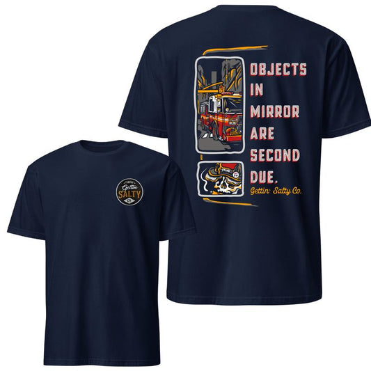 "Objects in Mirror" Firefighter T-Shirt – Vintage Fire Truck Graphic Tee, Soft Cotton Blend, Service Lifestyle Apparel