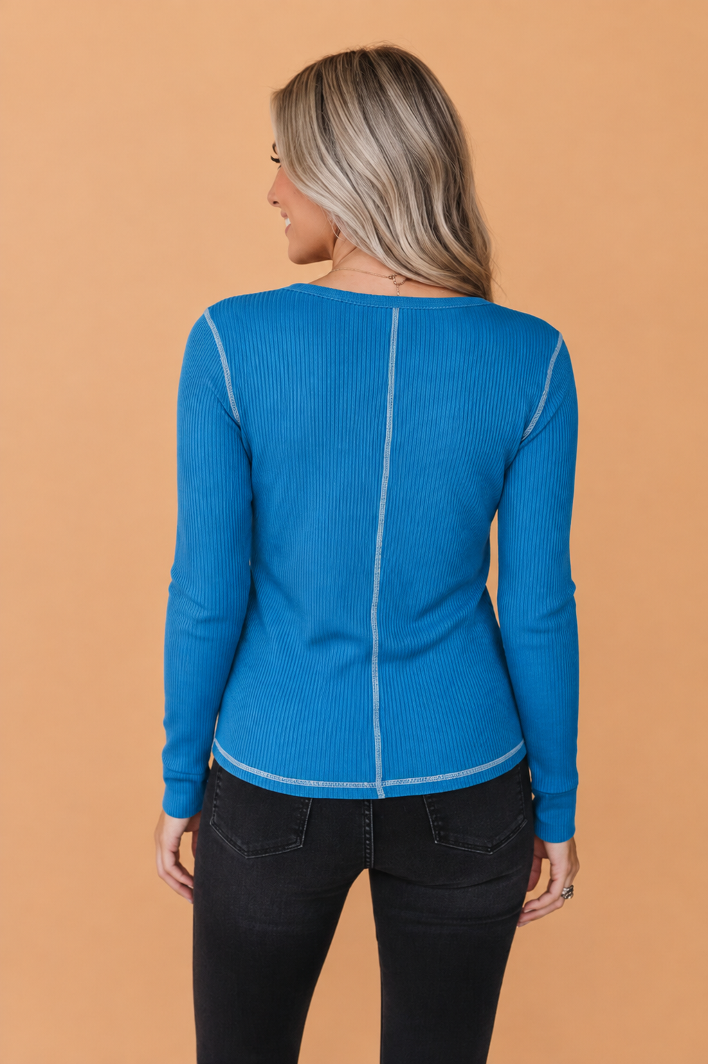 Solid Ribbed Contrast Stitching V-Neck Long Sleeve Top