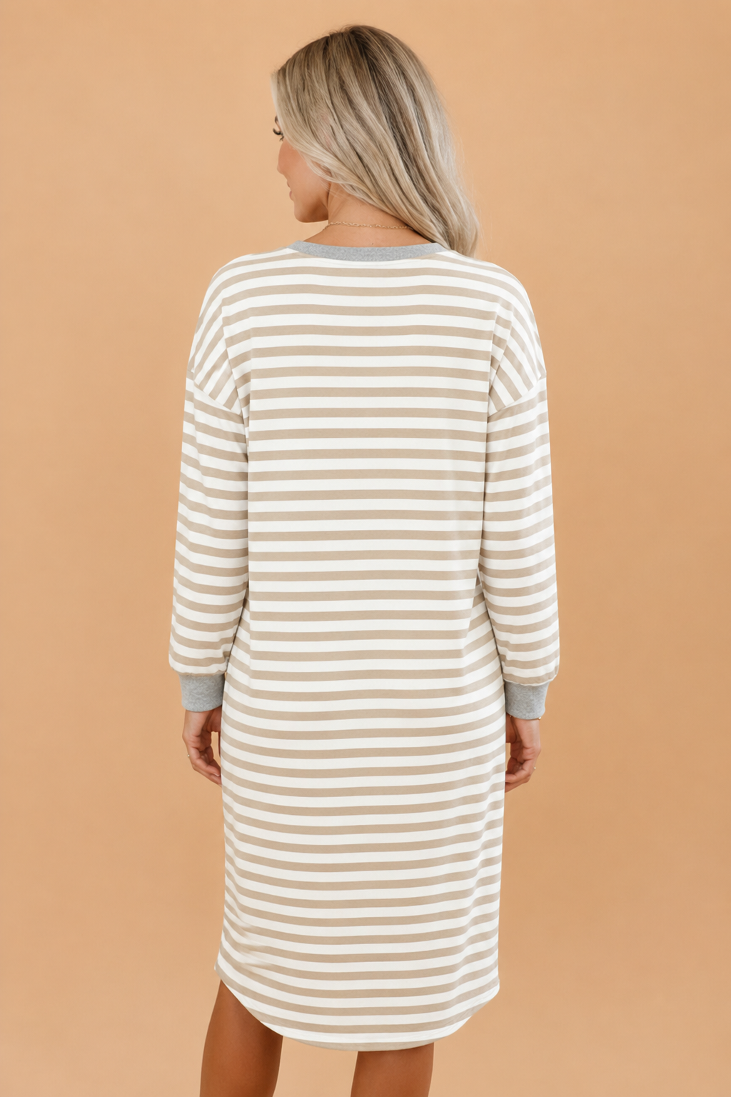 Stripe Colorblock Cuffs Round Neck Long Sleeve Dress