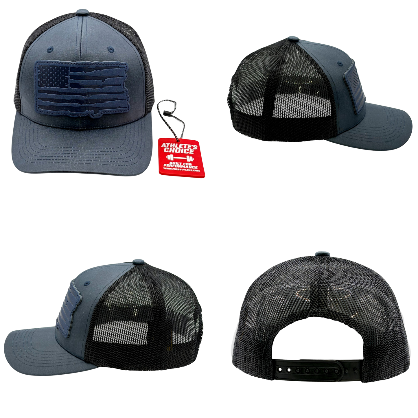 Performance USA Flag Leather Patch Trucker Hat | Snapback, Structured Mesh Back
